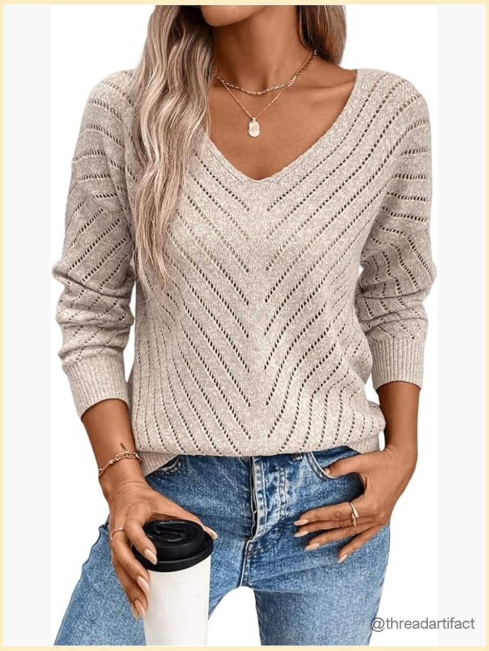 Women's Hollow Out Pullover Sweater V Neck Long Sleeve Loose Fit Fall Knit Top